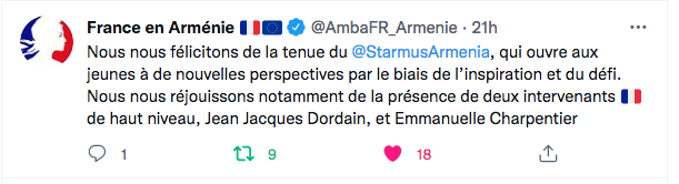 Amabassade de France : félécitations à StarmusArmenia