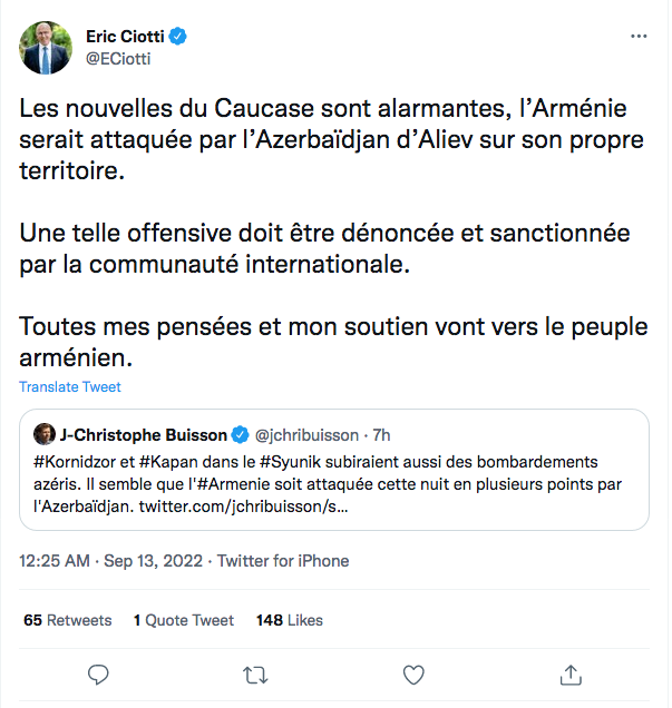 Eric Ciotti : l&rsquo;offensive azerbaïdjanaise doit être sanctionnée