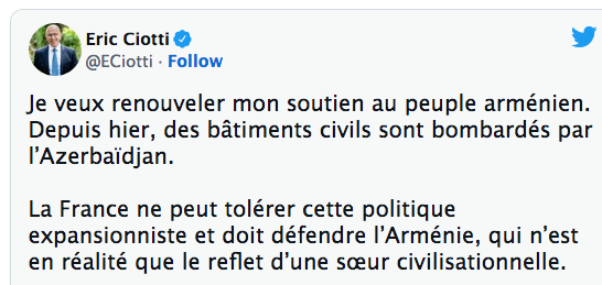 Je veux renouveler mon soutien au peuple arménien.