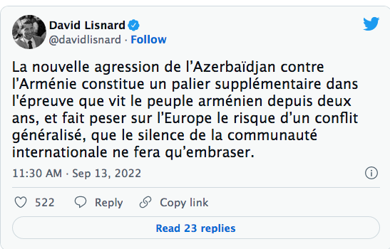 La nouvelle agression de l’Azerbaïdjan contre l’Arménie constitue un palier supplémentaire