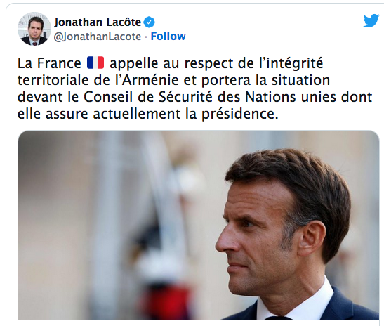 La France appelle au respect de l’intégrité territoriale de l’Arménie