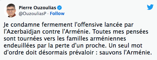 Je condamne fermement l’offensive lancée par l’Azerbaïdjan contre l’Arménie.