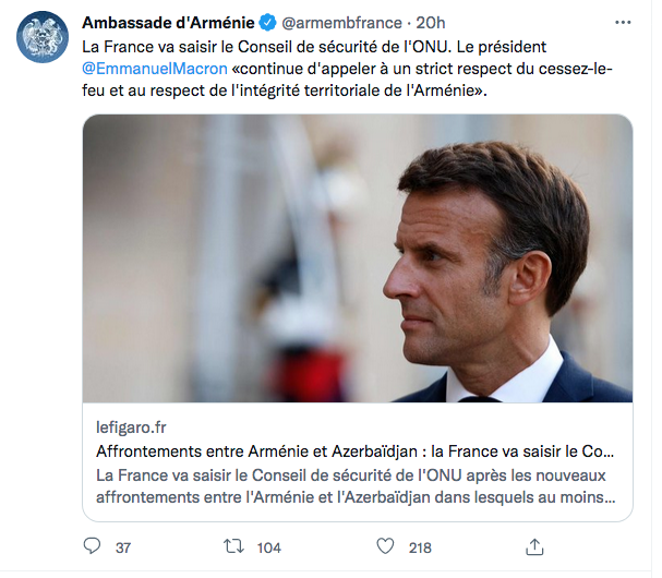 Ambassade d&rsquo;Arménie : la France va saisir le Conseil de Sécurité