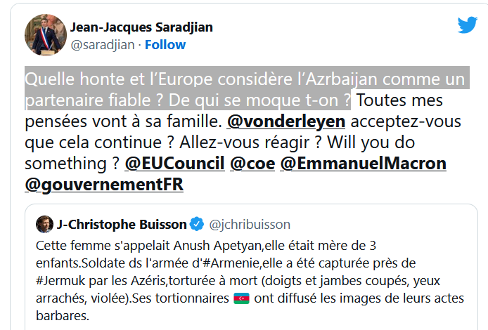Quelle honte et l’Europe considère l’Azrbaijan comme un partenaire fiable ? De qui se moque t-on ?