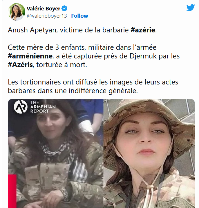 Anush Apetyan, victime de la barbarie azérie.