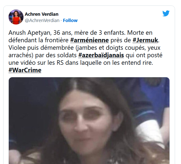 Anush Apetyan, 36 ans, mère de 3 enfants. Morte en défendant la frontière arménienne près de Jermuk.