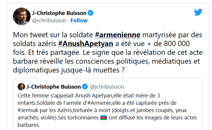Mon tweet sur la soldate armenienne martyrisée par des soldats azéris Anush Apetyan a été vue + de 800 000 fois.