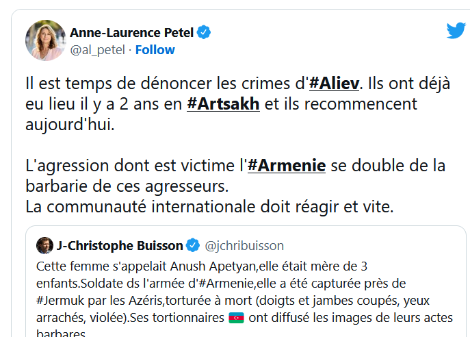 Il est temps de dénoncer les crimes d&rsquo;Aliev. Ils ont déjà eu lieu il y a 2 ans en Artsakh et ils recommencent aujourd&rsquo;hui.