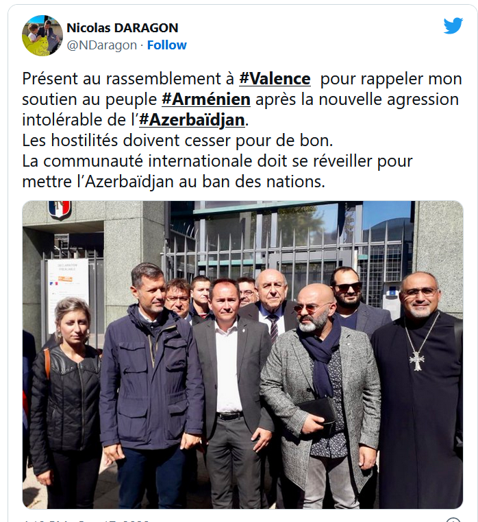 Présent au rassemblement à Valence  pour rappeler mon soutien au peuple Arménien après la nouvelle agression intolérable de l’Azerbaïdjan.