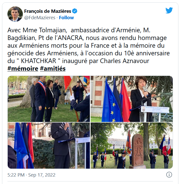 Avec Mme Tolmajian,  ambassadrice d’Arménie, M. Bagdikian, Pt de l’ANACRA, nous avons rendu hommage aux Arméniens morts pour la France et à la mémoire du génocide des Arméniens