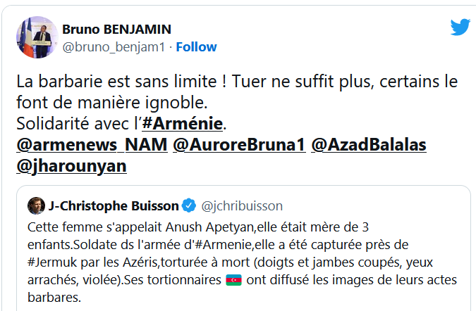 La barbarie est sans limite ! Tuer ne suffit plus, certains le font de manière ignoble. Solidarité avec l’Arménie.