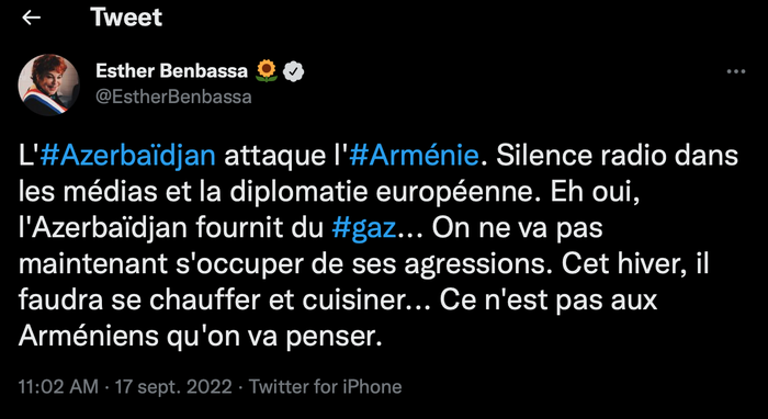 Esther Benbassa : l&rsquo;Azerbaïdjan attaque l&rsquo;Arménie, silence radio