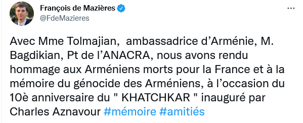 François de Mazière : 10e anniversaire du Khatchkar