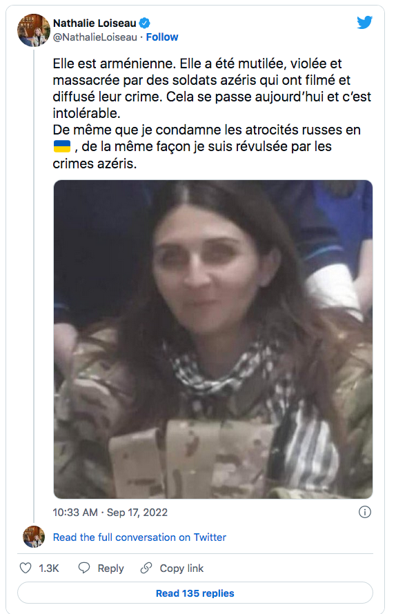 Nathalie Loiseau : révulsée par les crimes azéris