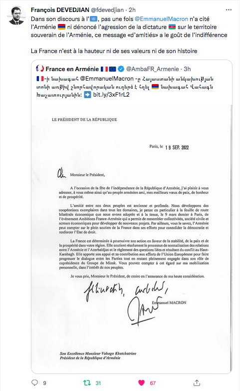 François Devedjian : Macron n&rsquo;a pas cité l&rsquo;Arménie à l&rsquo;ONU