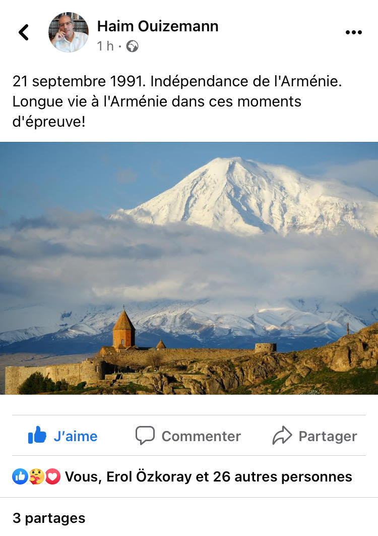Haim Ouizemann : 21 septembre 1991. Indépendance de l’Arménie. Longue vie à l’Arménie dans ces moments d’épreuve !