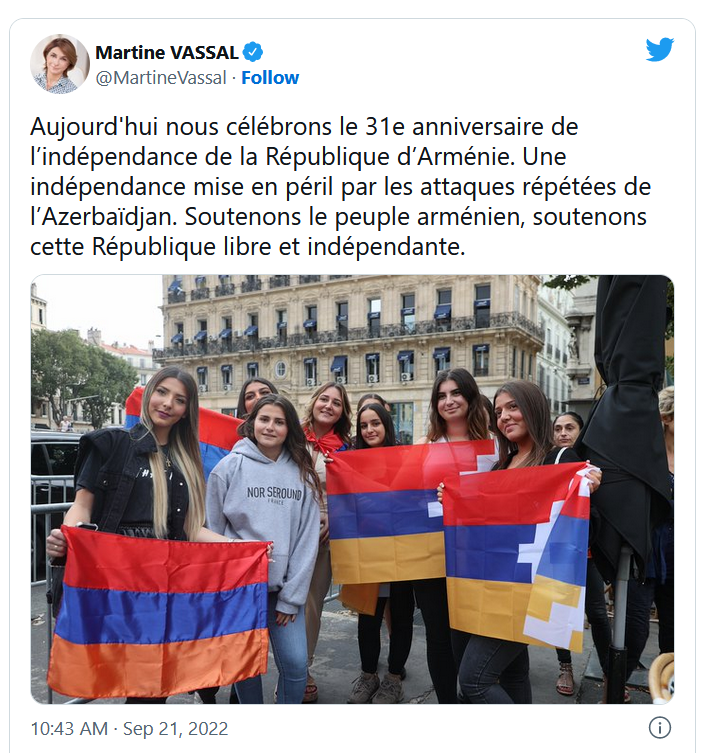 Martine Vassal : Aujourd&rsquo;hui nous célébrons le 31e anniversaire de l’indépendance de la République d’Arménie.