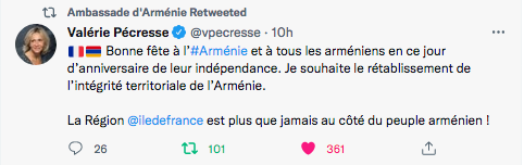 Valérie Pécresse :  Je souhaite le rétablissement de l’intégrité territoriale de l’Arménie.