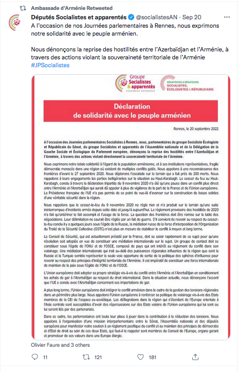 Groupe socialiste : Solidarité avec le peuple arménien