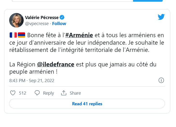 Valérie Pécresse : bonne fête à l&rsquo;Arménie et aux Arméniens