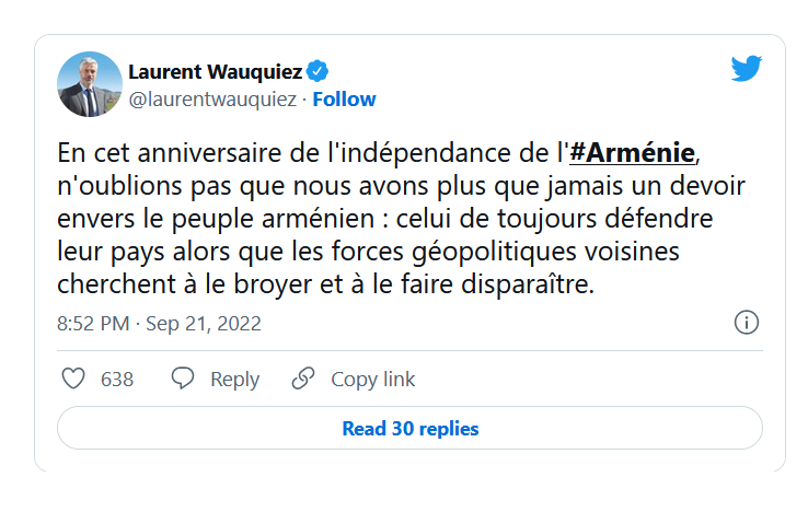 Laurent Wauquiez : nous avons un devoir envers le peuple arménien