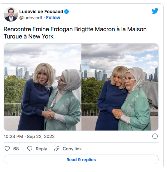 Ludovic de Foucaud : Rencontre Emine Erdogan Brigitte Macron à la Maison Turque à New York