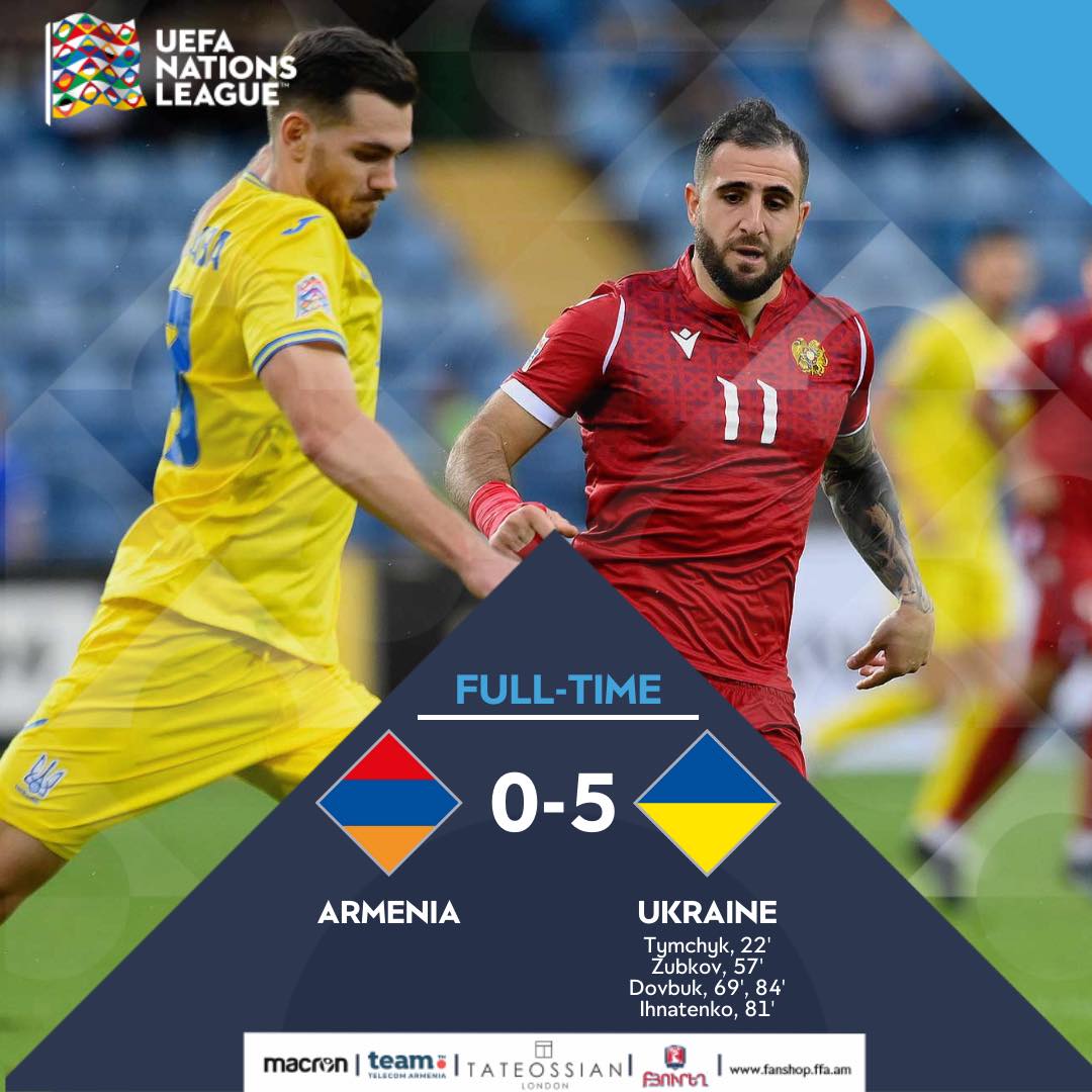Arménie-Ukraine (0-5) sévère défaite à Erévan en Ligue des Nations, l’Arménie qui descendra en groupe C des compétitions si elle ne s’impose pas face à l’Irlande
