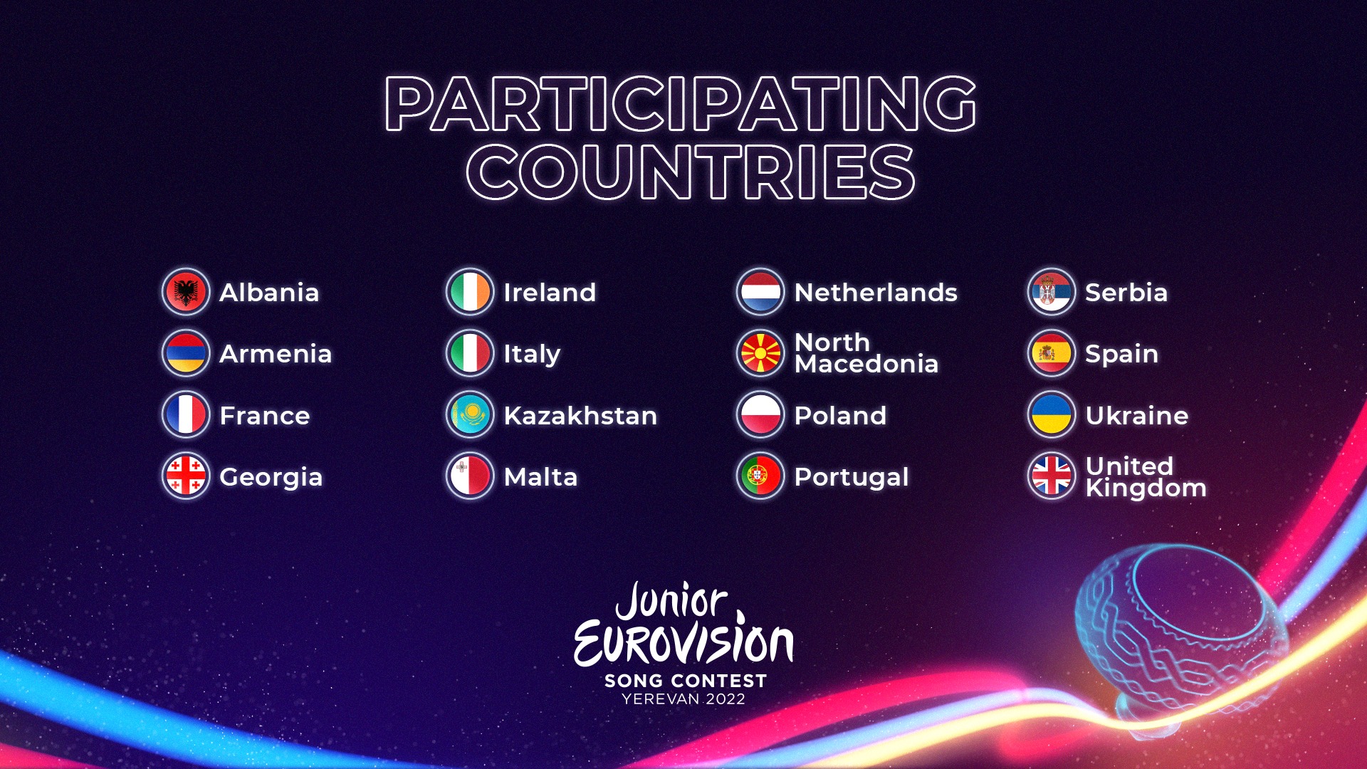 16 pays ont confirmé leur participation à l’Eurovision Junior 2022 qui se déroulera le 11 décembre à Erévan (Arménie)