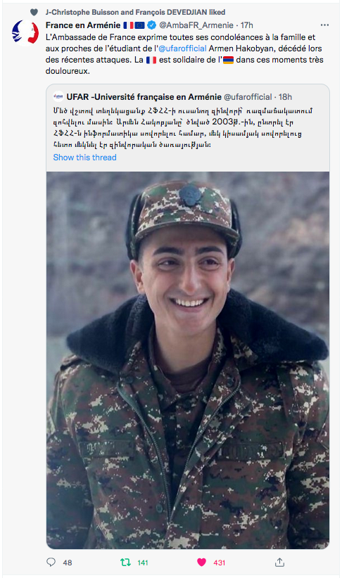 Ambassade de France : condoléances aux proche d&rsquo;Armen Hakobyan