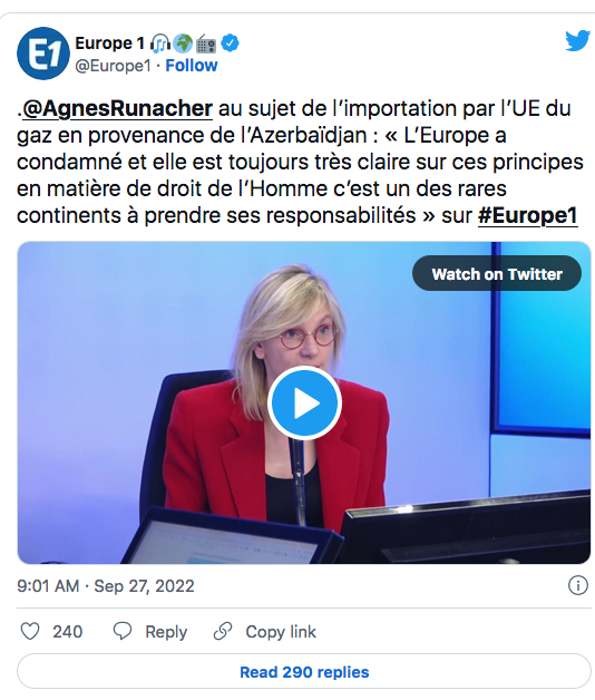 Europe 1 : Agnès Runacher face au gaz d&rsquo;Azerbaïdjan