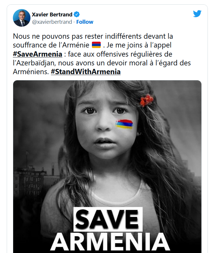 Xavier Bertrand : Nous ne pouvons pas rester indifférents devant la souffrance de l’Arménie