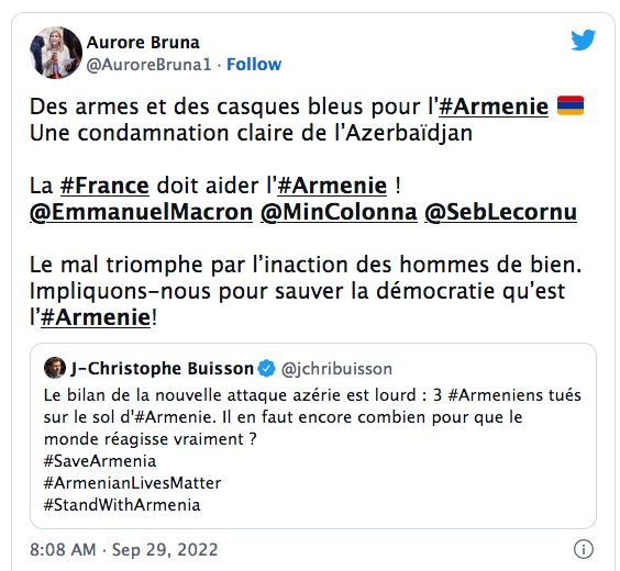 Aurore Bruna : Des armes et des casques bleus pour l’Armenie