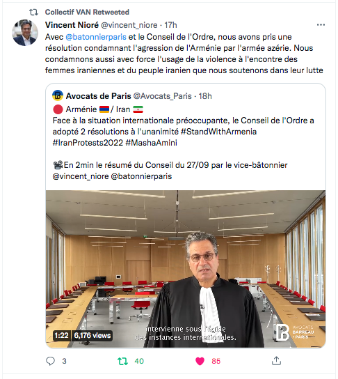 Vincent Nioré : Le conseil de l&rsquo;ordre condamne l&rsquo;Azerbaïdjan