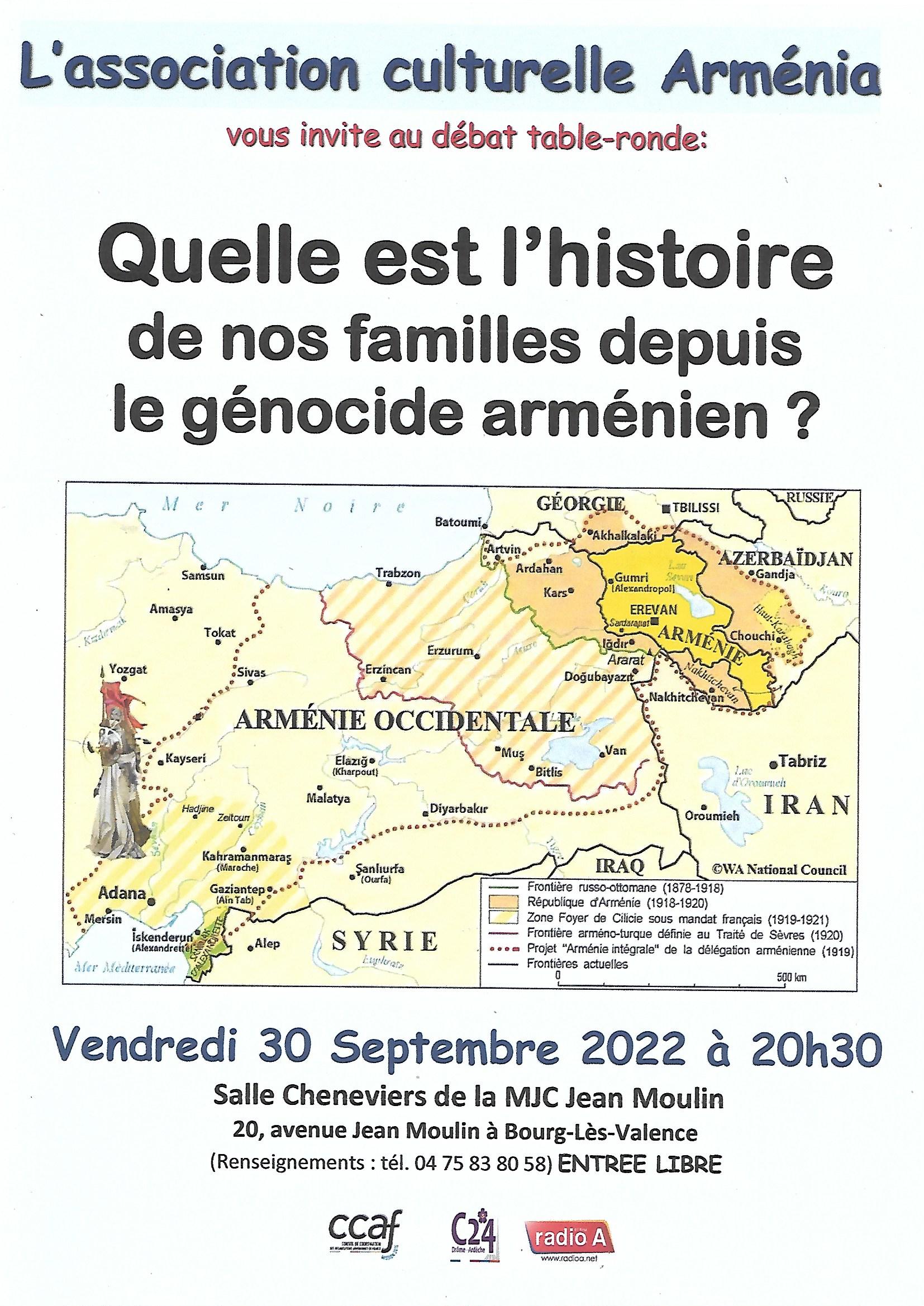 « Arménia » débat ce soir sur le thème « Quelle est l’histoire de nos familles depuis le génocide arménien ? » avec rappel de la situation en Arménie