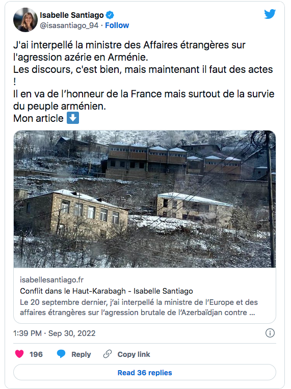 Isabelle Santiago : J&rsquo;ai interpellé la MAE sur l&rsquo;Arménie