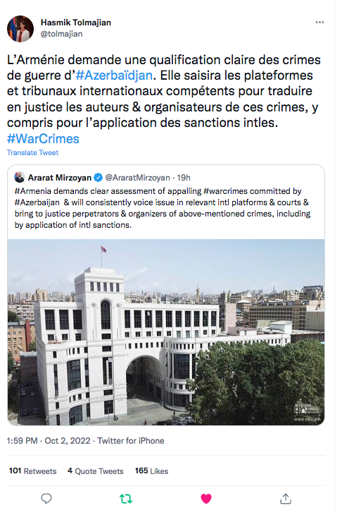 Hasmik Tolmajian : L&rsquo;Arménie saisira tous les tribunaux compétents