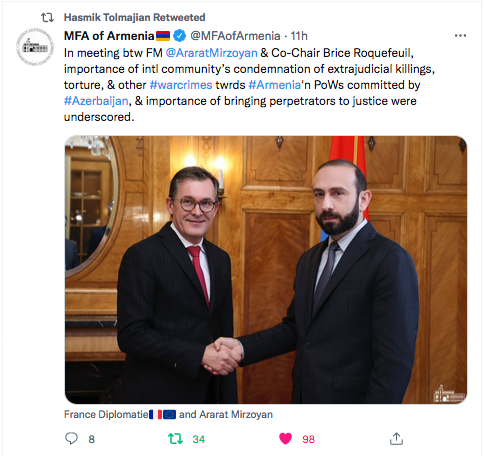 MFA of Armenia : Ararat Mirzoyan et Brice Roquefeuil