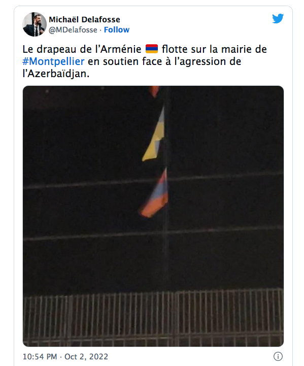 Michaël Delafosse : le drapeau de l&rsquo;Arménie flotte sur la mairie de Montpellier