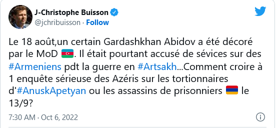 J.C. Buisson : Le 18 août, un certain Gardashkhan Abidov a été décoré par l&rsquo;Azerbaïdjan