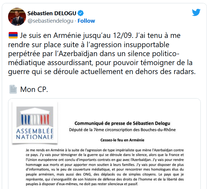 Sébastien Delogu ! Je suis en Arménie jusqu&rsquo;au 12/09. J&rsquo;ai tenu à me rendre sur place suite à l&rsquo;agression insupportable perpétrée par l&rsquo;Azerbaïdjan