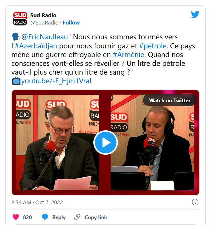 Sud Radio – Eric Naulleau : Un litre de pétrole vaut-il plus cher qu&rsquo;un litre de sang ?