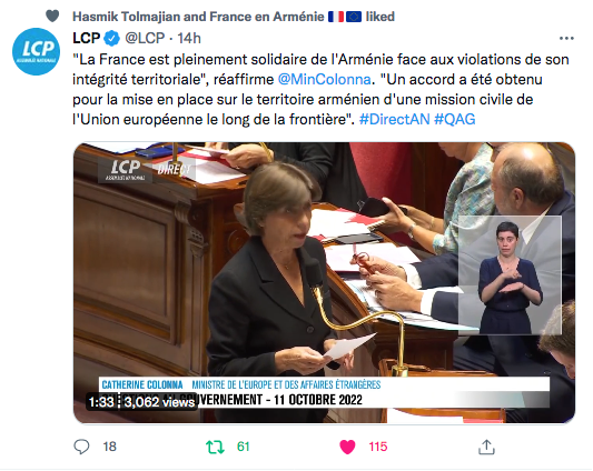 LCP : Colonna proclame la solidarité de la France avec l&rsquo;Arménie