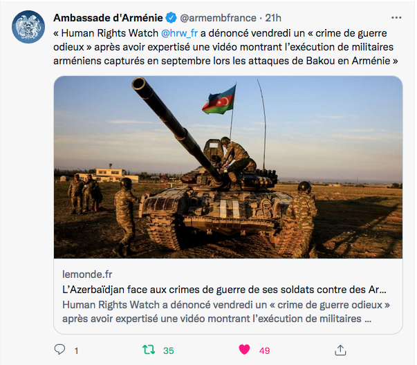Ambassade d&rsquo;Arménie : l&rsquo;expertise de HRW sur les vidéos odieuses
