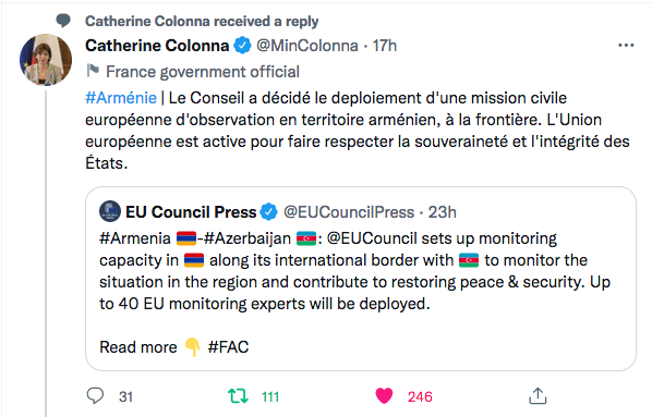 Catherine Colonna : l&rsquo;UE active pour faire respecter la frontière arménienne