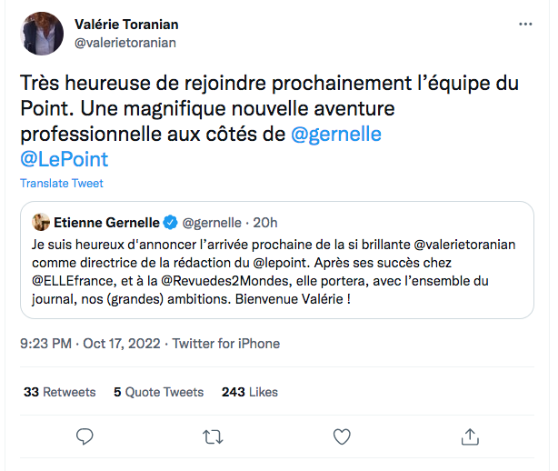 Valérie Toranian : à la direction de la rédaction du Point