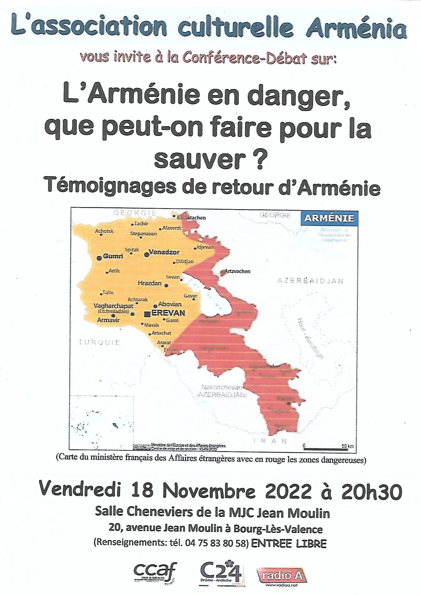 L&rsquo;Association Arménia propose le 18 novembre le débat: L&rsquo;Arménie en danger, que peut-on faire pour la sauver ?