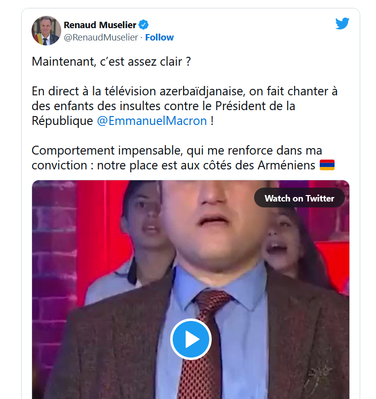 Renaud Muselier : En direct à la télévision azerbaïdjanaise, on fait chanter à des enfants des insultes contre le Président de la République Emmanuel Macron  !