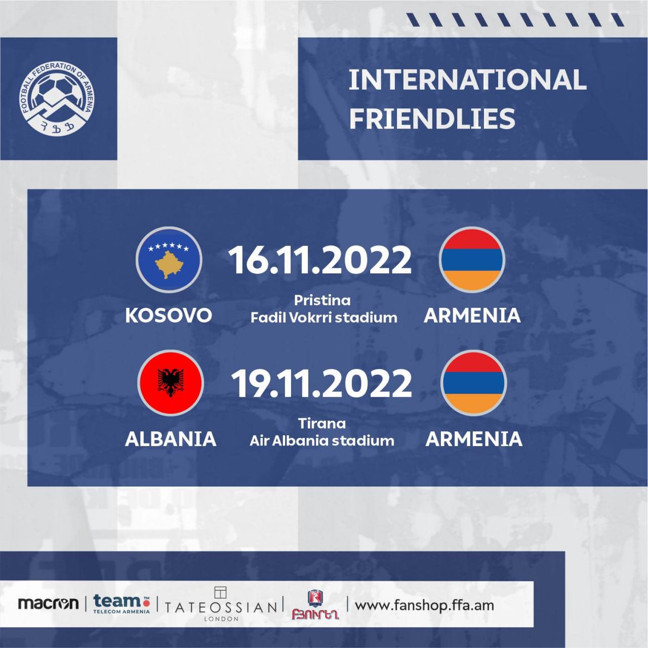 Kosovo-Arménie et Albanie-Arménie en rencontres amicales en novembre