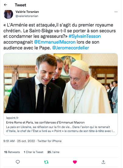 Valérie Toranian : S.Tesson avec E. Macron au Vatican pour l&rsquo;Arménie