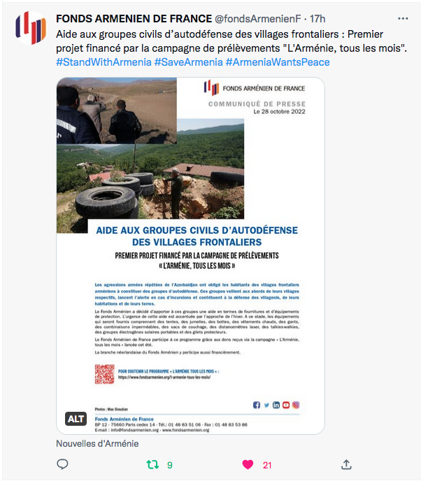 Fonds arménien de France : aide aux groupes civils d&rsquo;autodéfense